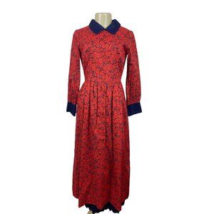 Vintage Therese Red & Navy Floral Long Sleeve Midi Dress